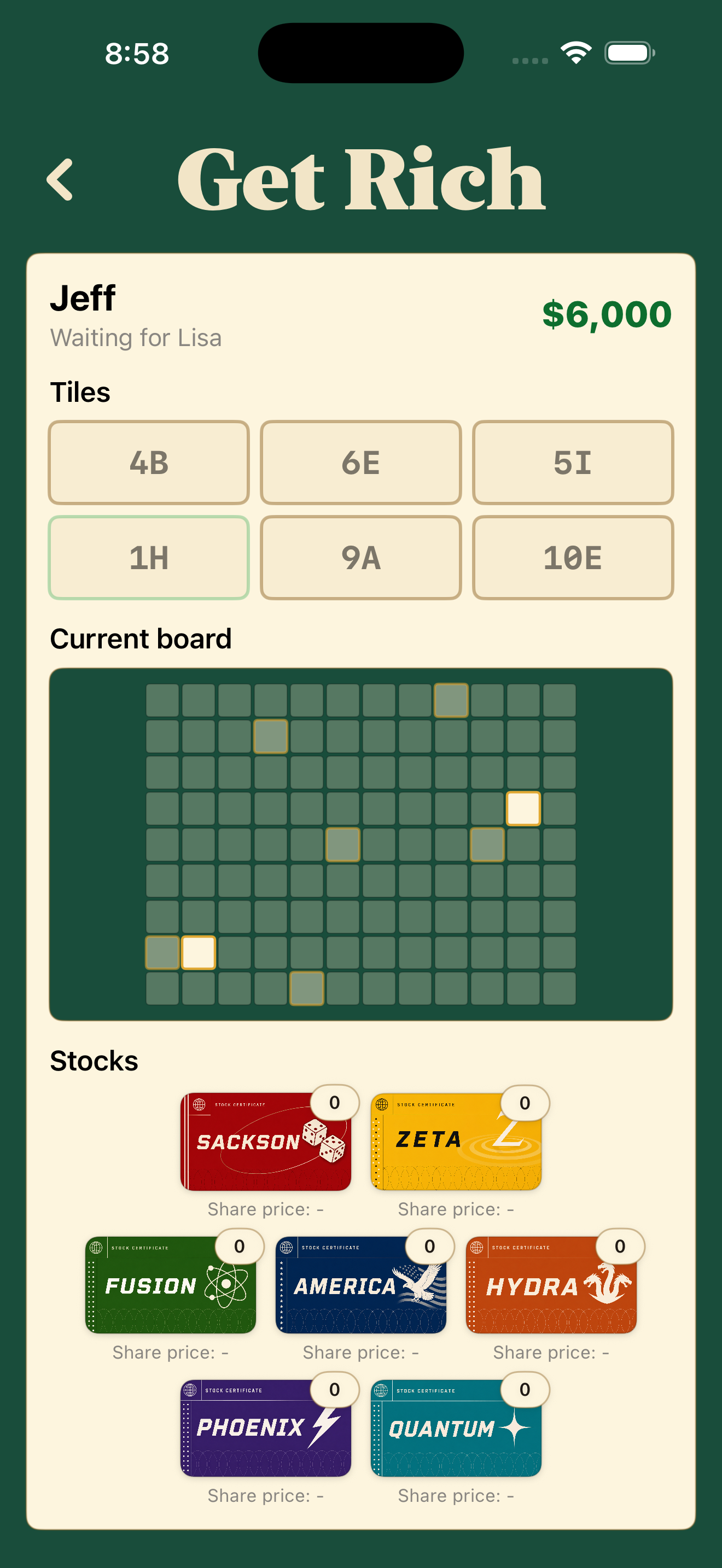 Get Rich iPhone player console showing tiles, the current board, and stock cards